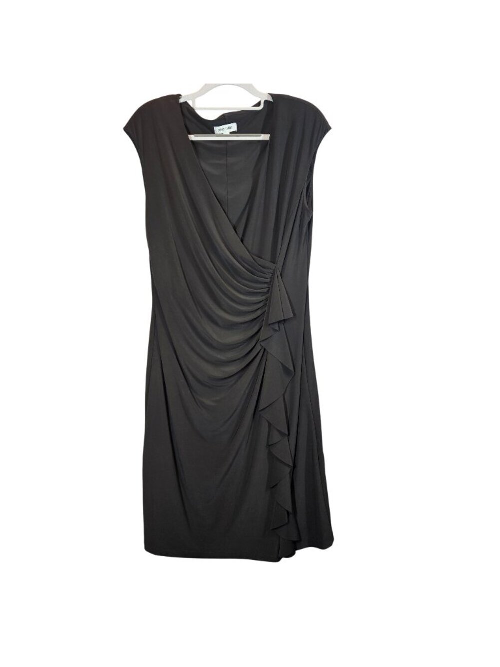 Jones Studio Draped Ruffle Midi Dress Womens Size 14 Black Party fitted cocktail